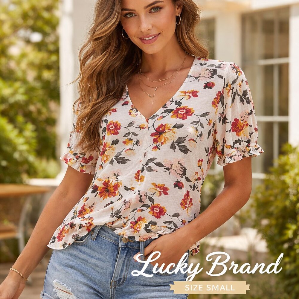 LUCKY BRAND Floral Boho Short Sleeve V-neck Small Ruffled Blouse